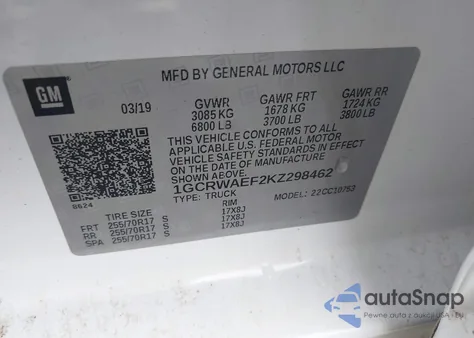 2019 Chevrolet Silverado Work Truck from USA, damaged, VIN 1GCRWAEF2KZ298462